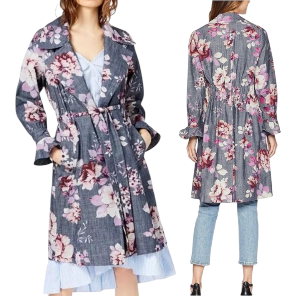 Nwt Ultra Femme Bohemian Rose Floral Cotton Trench Coat Size Xs Denim Like